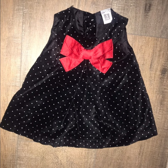 5/$25♥️ Vintage Retro Black Polka Dot Velvet Red Bow Holiday Baby Dress - Picture 1 of 5